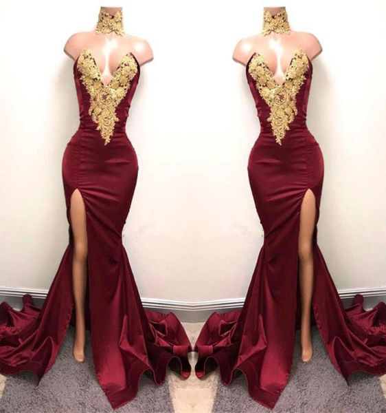 

2017 new arrival burgundy mermaid prom dresses lace gold applique sweetheart elastic satin high side split formal dresses evening 4554868, Black;red