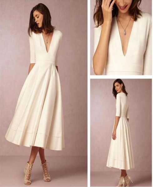 

elegant tealength satin wedding dresses deep v neck a line white ivory 12 long sleeve wedding dress short bridal gowns vestidos 4047797