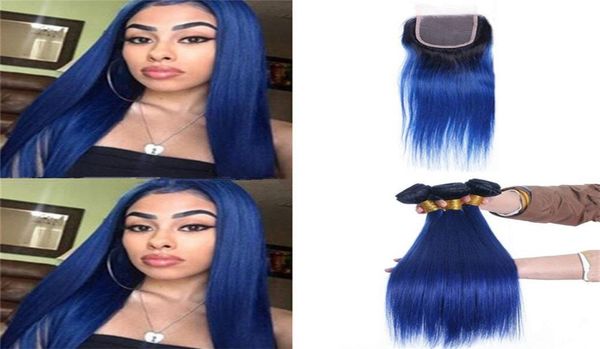 

dark root 1b blue ombre brazilian human hair weave bundles silky straight double weft with ombre 4x4 lace closure7575590, Black