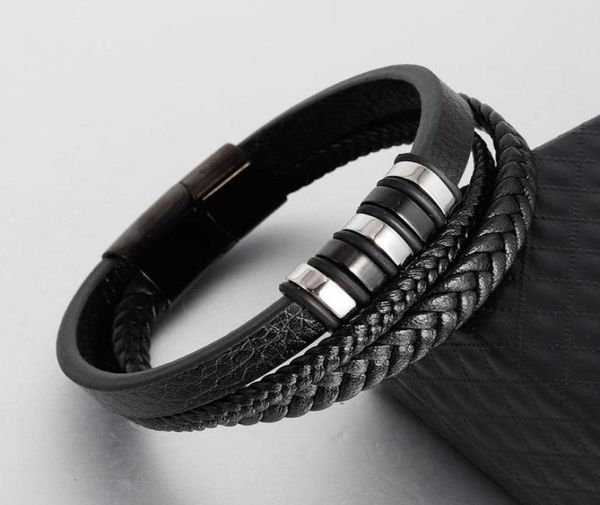 

bangle cocom luxury stainless steel bracelet for men multilayer leather braid rope wrap men039s hand bracelets male accessories9430970, Black