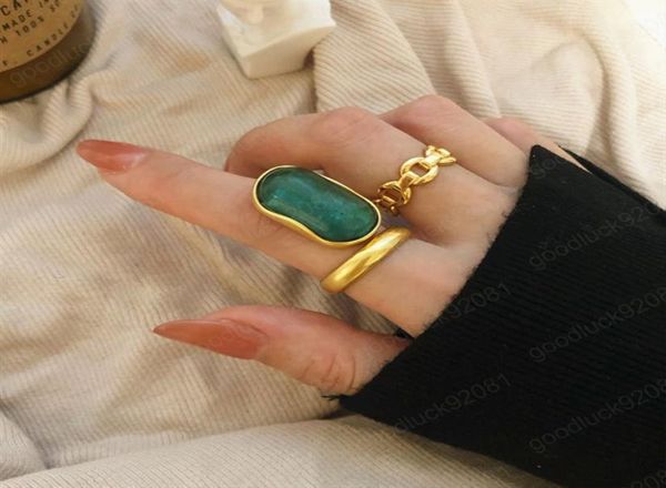 

vintage geometric oval hollow emerald golden metal chain opening adjustable rings for women girls jewelry8123267, Golden;silver