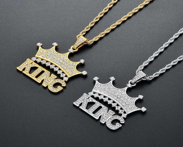 

hip hop crown king diamonds pendant necklaces for men women luxury letters pendants alloy rhinestone chain necklace gold silver je7253895