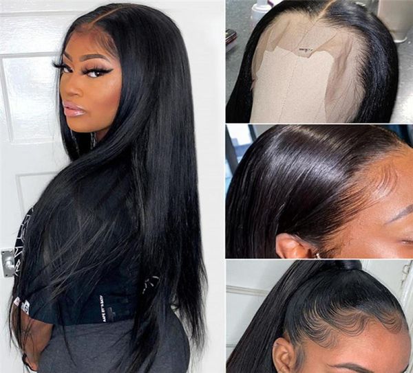 

remy baby hair pre plucked 13x6 hd adhesive transparent lace front wig 40 42 inch bone straight human hair front wig brazilia1639779, Black