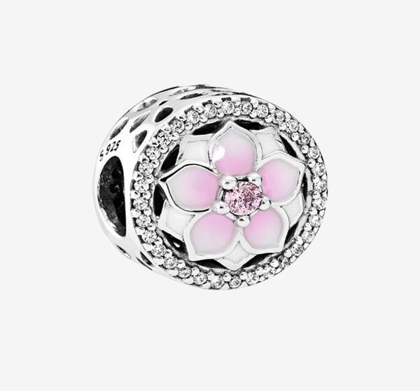

pink magnolia flower charm women's jewelry bracelet making accessories for 925 sterling silver beads charms with original box8452371, Black