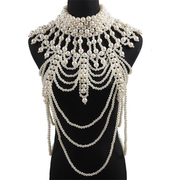 

retro advanced pearls crystal body jewelry chain sexyhandmade beaded women bridal wedding dress large necklace jewelry accessor 223595781, Golden;silver