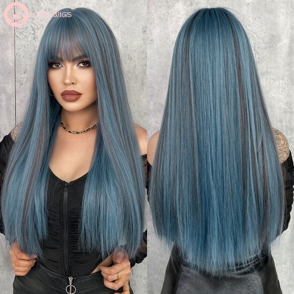 

synthetic wigs 7jhh wigs highlight blue wig for woman daily party long straight hair wigs with bangs natural synthetic wig heat resistant 23, Black