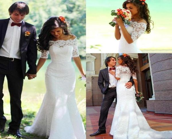 

vintage lace mermaid wedding dresses with 12 half sleeves corset back sweep train off the shoulder custom made country wedding go1745230, White