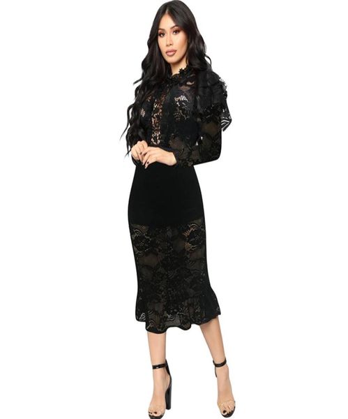 

elegant fashion spring high neck petal long sleeves ruffles sheer see through bodycon black lace mid length midi dresses brea1939170, Black;gray