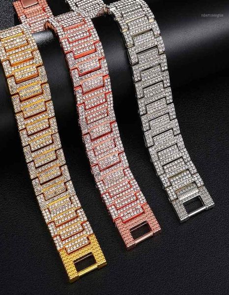 

link chain men hip hop bracelets full rhinestones cuff watchband chains iced out bling jewelry accessories charm bracelet 21cmx25102768, Black
