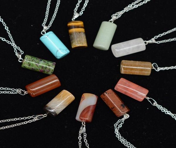 

fashion women jewelry cylinder gemstone rock crystal quartz chakra natural stone charm pendant lovers necklace4013015, Silver