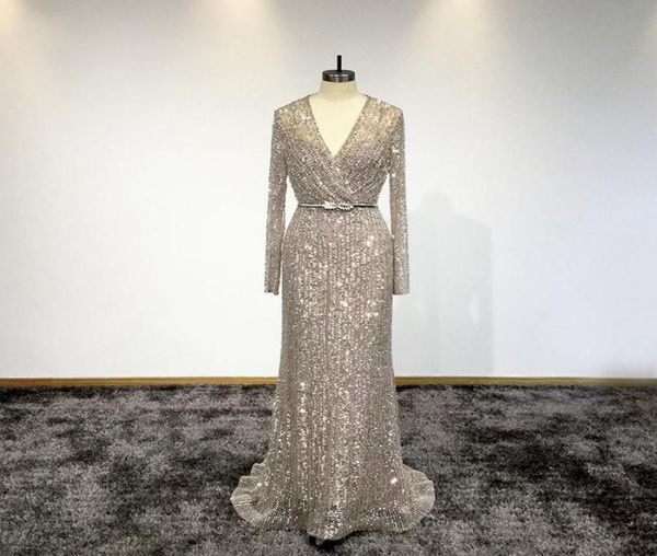 

sparkly vintage long sleeves sequined mermaid prom dress luxury sheath v neck evening gown long beaded formal party pageant dresse9384548, Black