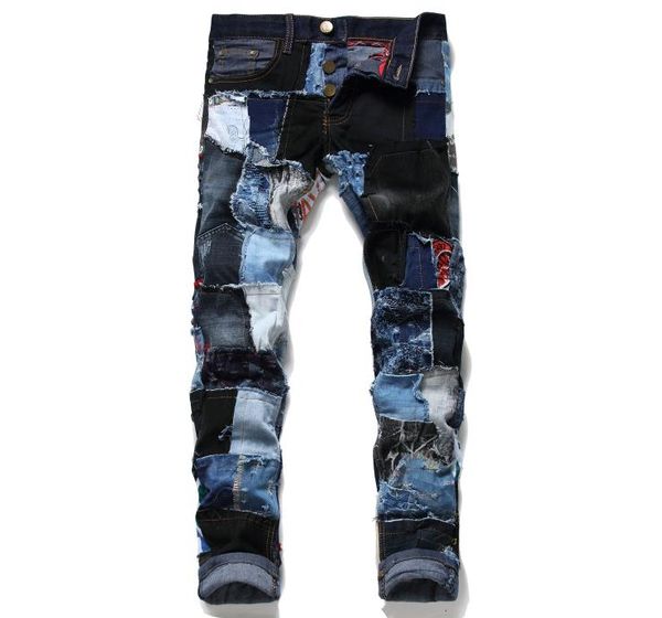 

unique mens patchwork ripped jeans fashion spliced straight leg slim frayed colorful denim pants streetwear trousers for male 2489148992, Blue