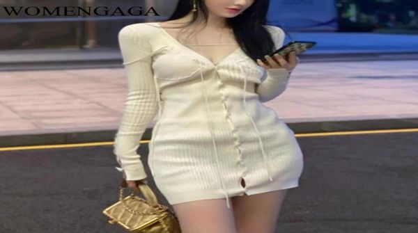 

womengaga full sleeves vneck knitting single breasted slim high waist pullover dress female fashion vestido 5p0v7066046, Black;gray