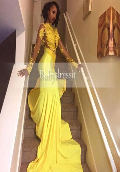 

pretty yellow lace appliqued south african prom dress mermaid long sleeve banquet evening party gown custom made plus size2421962, Black