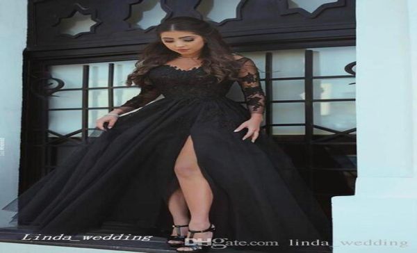 

2019 modern long sleeves evening dress modest thinghigh split chiffon a line black formal party gown custom made plus size5101605, Black;red