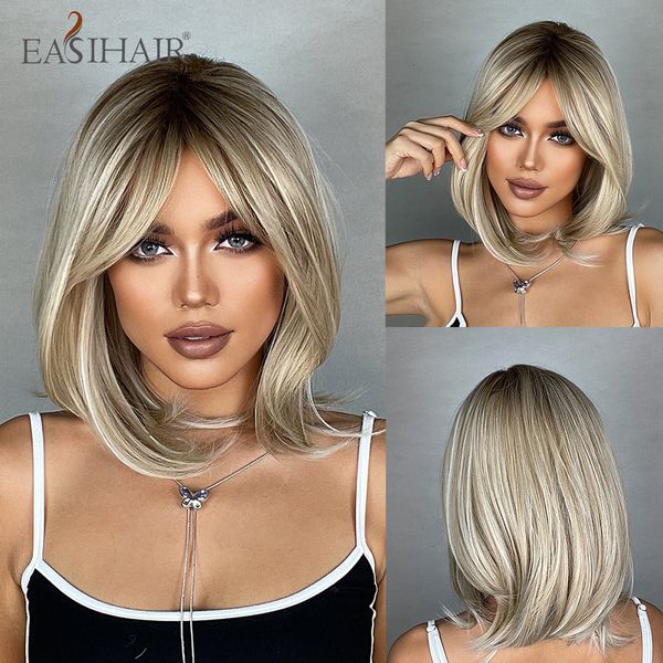 

synthetic wigs easihair brown root ombre blonde synthetic wigs medium length natural hair for women cosplay wig with bangs heat resistant wi, Black