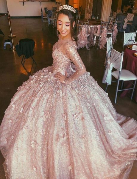 

amazing rose gold long sleeves 3d flower quinceanera prom dress ball gown beaded illusion evening formal gowns sweet 16 vestidos8303439, Blue;red