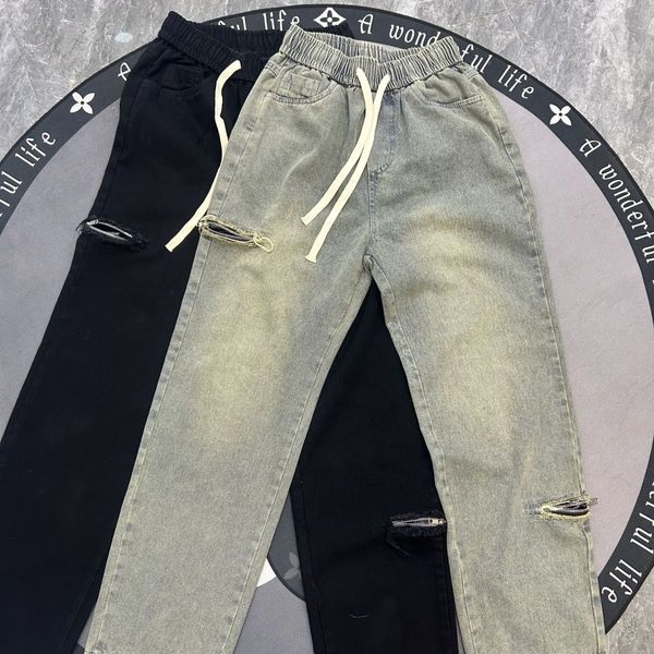 

american high/street style trendy outerwear men's popular zippered jeans with elastic waist drawstring a05, Blue
