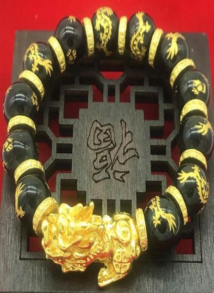 

gold plated 3d pixiu bracelet black obsidian beads transfer luck bracelet chinese feng shui animal jewelry3536714, Golden;silver