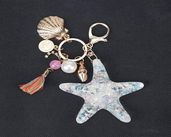 

starfish car keychains key rings for girls women bag jewelry accessories tassel conch shell pearl pendant sea animal metal keyring3928352, Slivery;golden