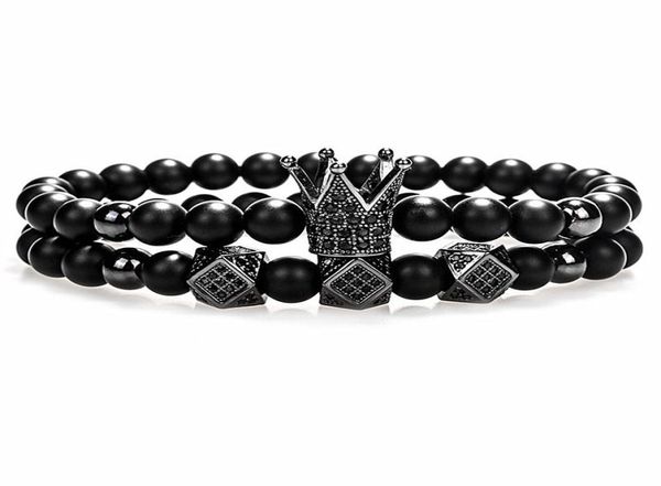 

crown charm bracelet 6mm black round natural stone beads cubic micro pave cz women gold bracelet men pulseira bileklik6805717, White