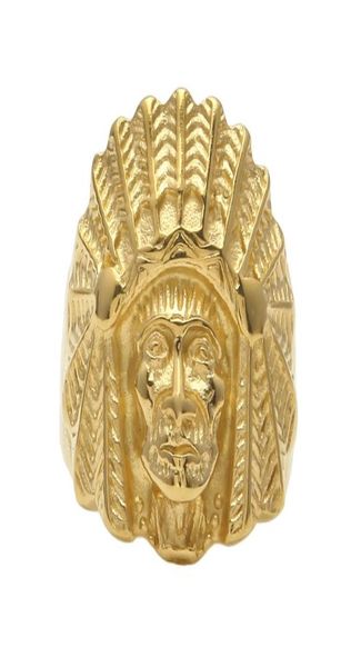 

men women vintage stainless steel ring hip hop punk style gold ancient maya tribal indian chief head rings fashion jewelry3366338, Golden;silver