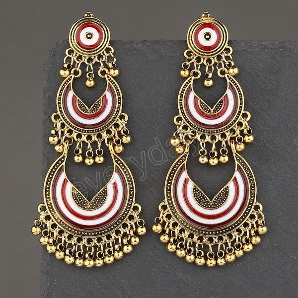 

women's alloy pendant vintage indian earrings ethnic bohemian green drip oil long bell tassel earrings boho brincos jewelry, Silver