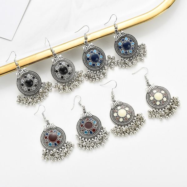 

ethnic women's indian earrings classic silver color bells tassel round retro flower drop dangle earrings boho jhumka jewelry