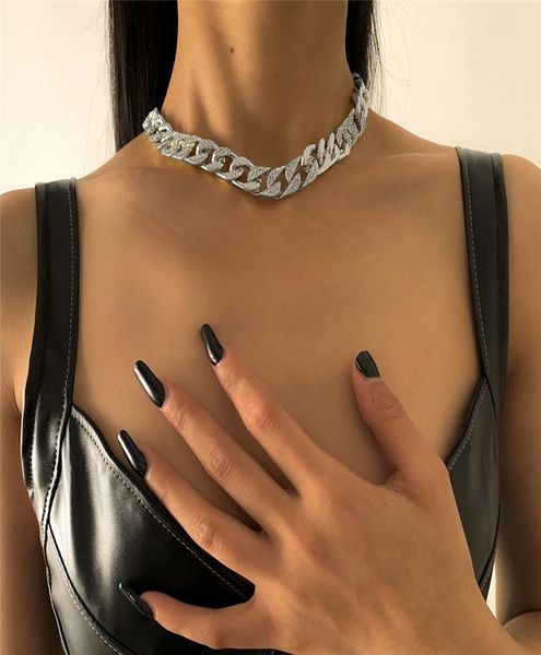 

punk iced out rhinestones cuban chain necklace choker neck bling crystal rapper necklaces for men women grunge jewelry9366883, Silver