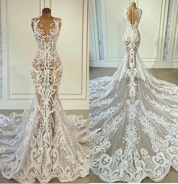 

gorgeous 2021 lace mermaid wedding dresses illusion women african lace appliqued vestidos de novia court train bridal gowns4593174, White