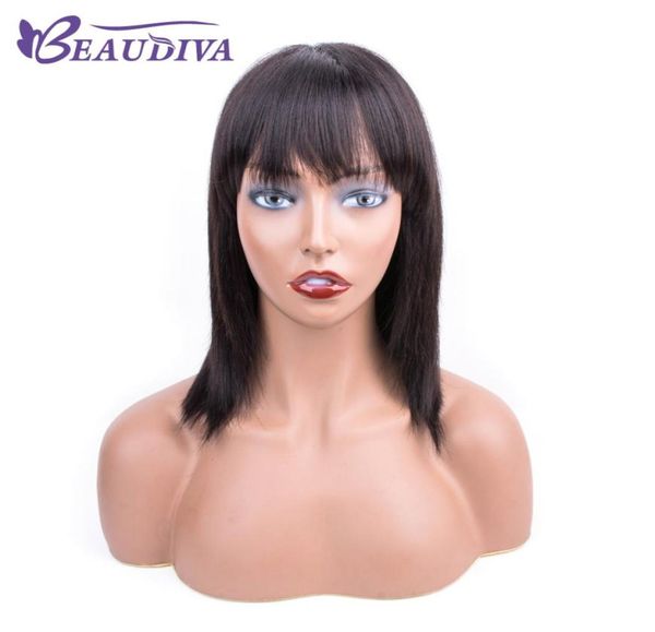 

natural color straight human hair wigs with bangs mathcine made brazilian virgin hair human hair wigs for women beau diva8479201, Black;brown