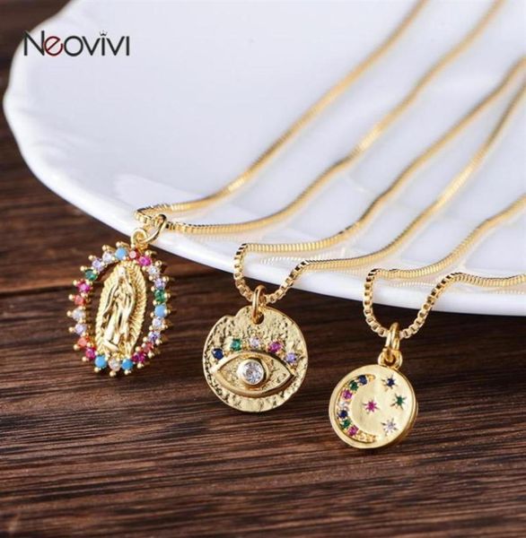 

neovivi vintage virgin mary turkish eye pendant necklaces cz moon star choker gold round necklace long chain copper jewelry gift323773061, Silver