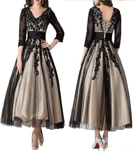 

2020 elegant mother of the bride dresses 34 long sleeves ankle length v neck lace appliques wedding party dresses evening gowns3748367, Black;red