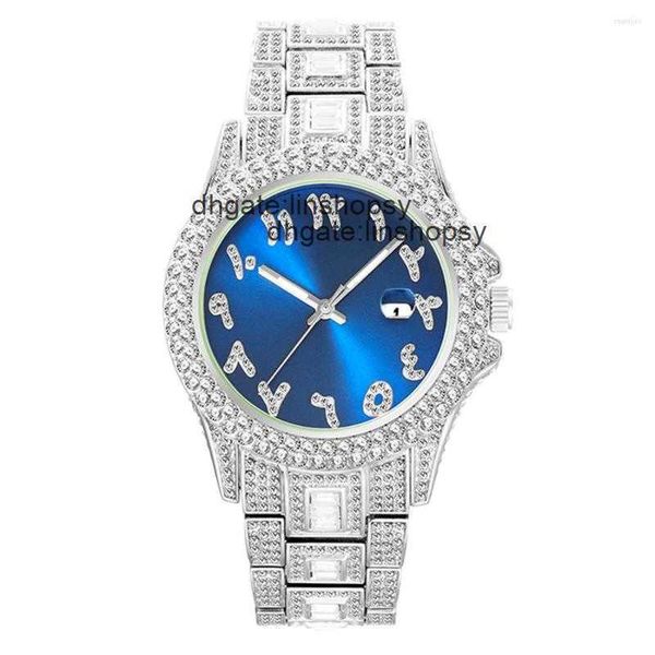 

awristwatches rolly hip hop iced out watch men lluxury full bling diamond quartz mens watches man blue face waterproof montre homme, Slivery;golden