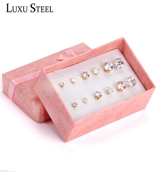 

stud luxusteel white crystal size 3mm5mm7mm mixed style roundsquare cubic zirconia 6pairsboxes earrings sets female bijoux gif8516381, Golden;silver
