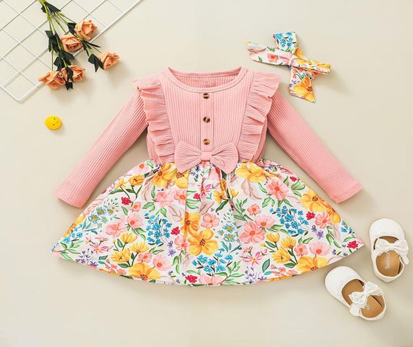 

girls rib dresses with flower print fall 2021 kids boutique clothing korean 15t children long sleeves cotton dress post on ins8424956, Red;yellow