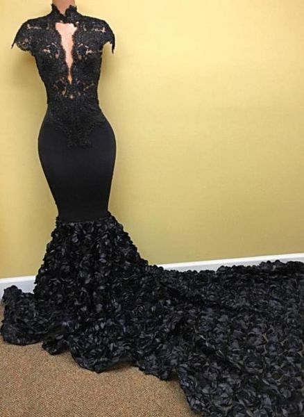 

high neck black 2k17 prom dresses long cap sleeves 3d floral flowers lace long mermaid evening gowns open front formal party 4825717, Black;red