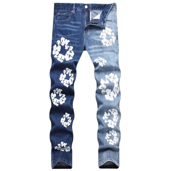 

men's jeans stir fried salt dark and light yin yang color stitching contrasting printed cat whiskers small straight tube no stretch jea, Blue