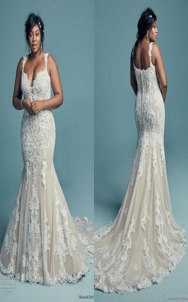 

lace applique spaghetti wedding dresses sweep train v neck mermaid bridal gowns african plus size bride dress button back1825999, White