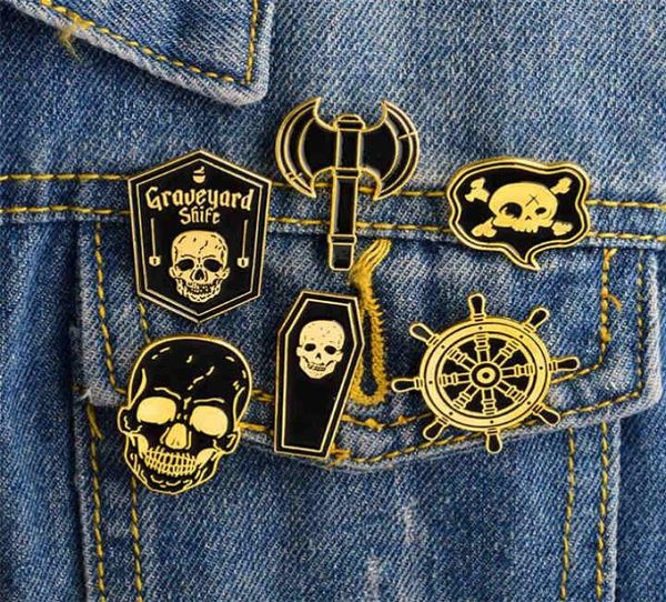 

punk skeleton pirate nautical compass ax skull coffin enamel pin badge brooch women039s men shirt denim jacket pin t4499829762, Gray
