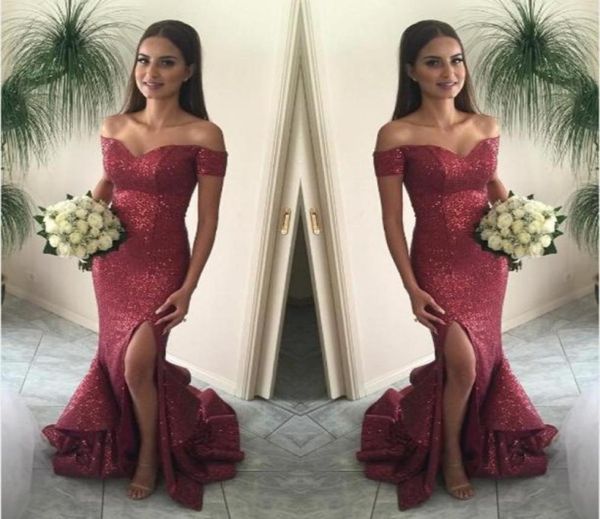 

2020 cranberry mermaid prom dresses off the shoulder split front sparkling sequin evening gown burgundy tired skirts court tr6307501, Black
