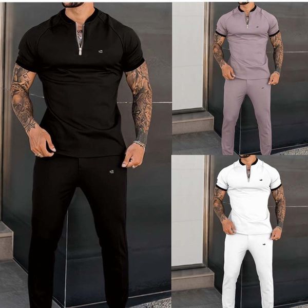 

mens tracksuits solid color mens suit summer casual sports short sleeve polo shirt calf pants for street wear 2 sets 230715, Gray