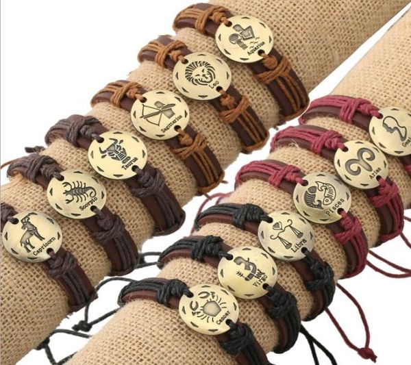 

twelve constellations leather bracelets leather wrap bracelets zodiac leather bracelet for men2650948, Golden;silver