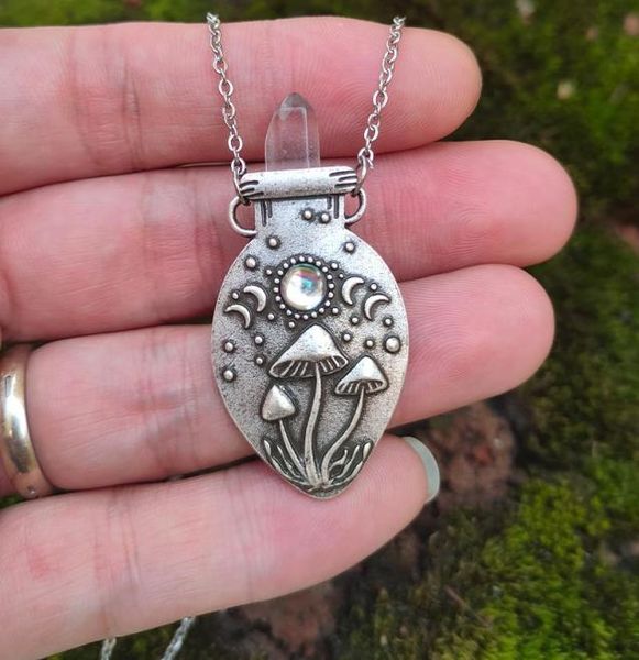 

pendant necklaces crystal quartz witch crescent moon triple mushroom forrest occult pagan jewelry for womenpendant7514338, Silver