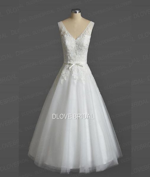 

vintage outdoor tea length wedding dress short a line v neck lace appliqued tulle bridal dresses with bow vestido de novia real ph3581856, White
