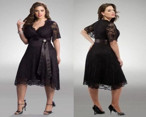

plus size evening dresses sheer vneck 12 sleeves lace prom dress aline tea length black prom gowns with sash3459504