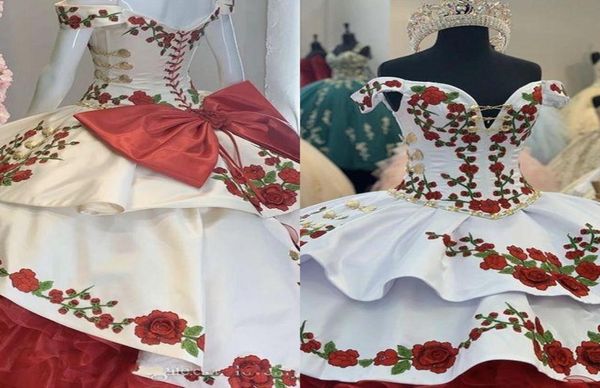 

gorgeous gold red green embroidery quinceanera dresses charro off the shoulder bow tiered satin ball gown prom dress 7th grade swe3100037, Blue;red