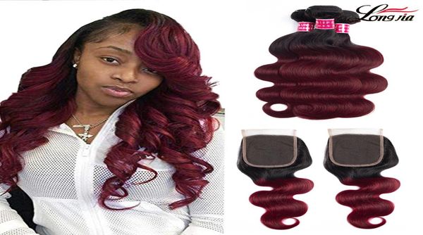 

ombre body wave hair with closure 44 closure with 34 bundles 1b99j two tone human hair bundles with closure8849300, Black;brown