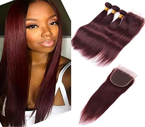 

burgundy lace closure with bundles 4pcs lot 99j wine red middle3 part 4x4039039 closure with malaysian silky straight6942075, Black;brown