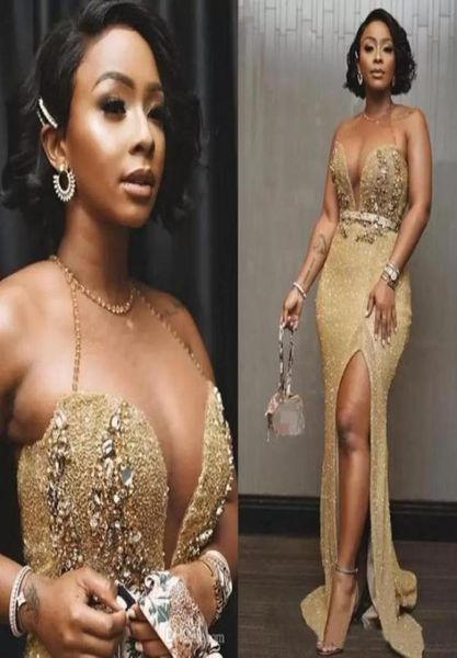 

aso ebi arabic gold mermaid prom evening dresses beaded crystals prom dresses high split formal party gowns6829952, Black